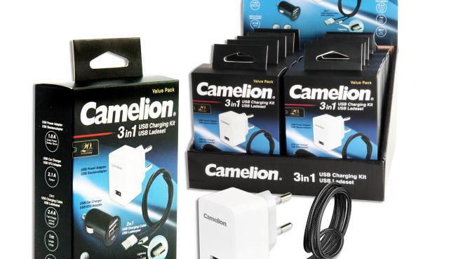 Camelion bietet dem Handel das 3 in 1-USB-Lade-Set im praktischen Verkaufsdisplay. Foto: Camelion. 