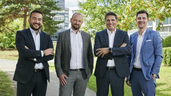 Die neuen Business Unit Manager bei Vestel Germany (v.l.n.r.) Erzin Can (Product Management Brown Goods & Technical Support & Innovations), Jörn Hering (Visual Solutions & Hotel TV), Davor Landeka (E-Charger), Marco Deuerlein (TV), Foto: Frank Bauer