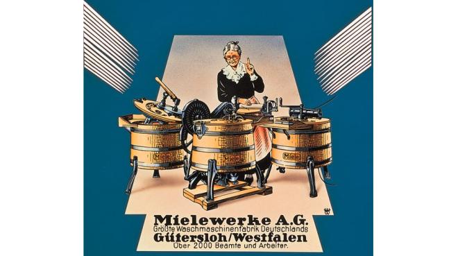 In den 1920er-Jahren wurden die ersten Miele-Waschmaschinen aus Holz beworben